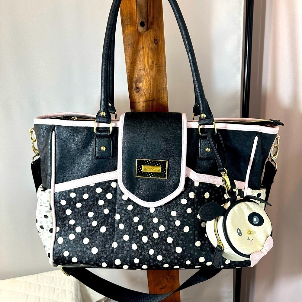 Betsey Johnson Diaper Bag Large Baby Tote Flap Over Polka Dot With Panda Purse